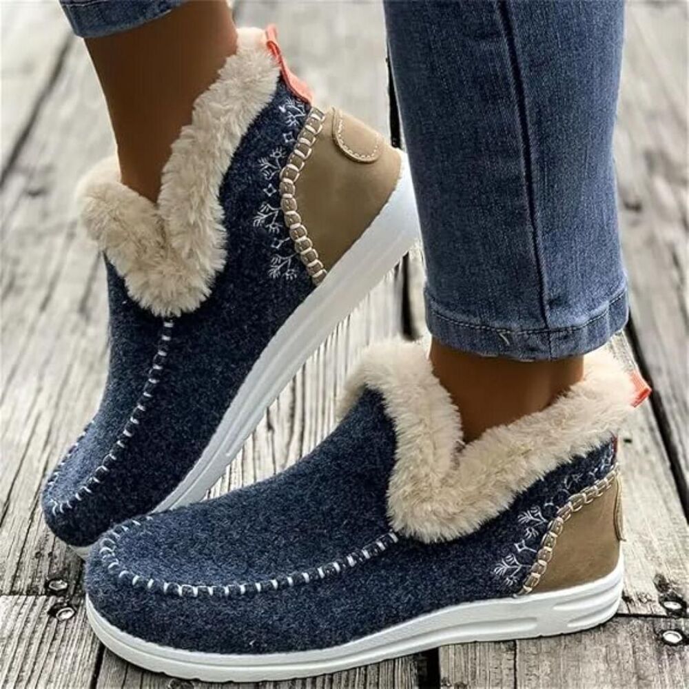 NEW Navy Blue Off White Faux Fur Winter Plush-Lined Slip-On Shoes Slippers US 9